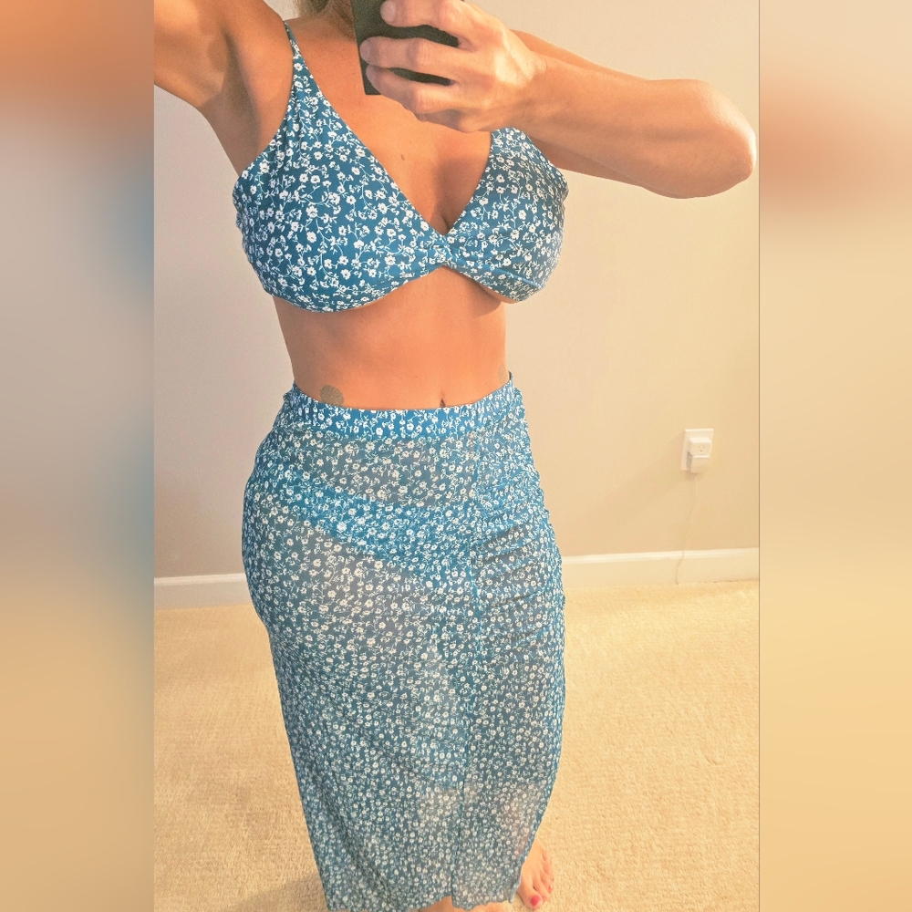 Pg5 #10 Blue Floral Three Piece Bikini Set With Skirt